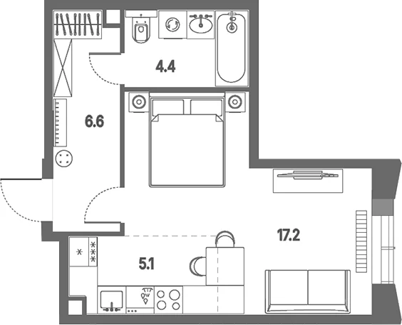 Планировка: Студия 33,3 м² в ЖК «КОД Сокольники»