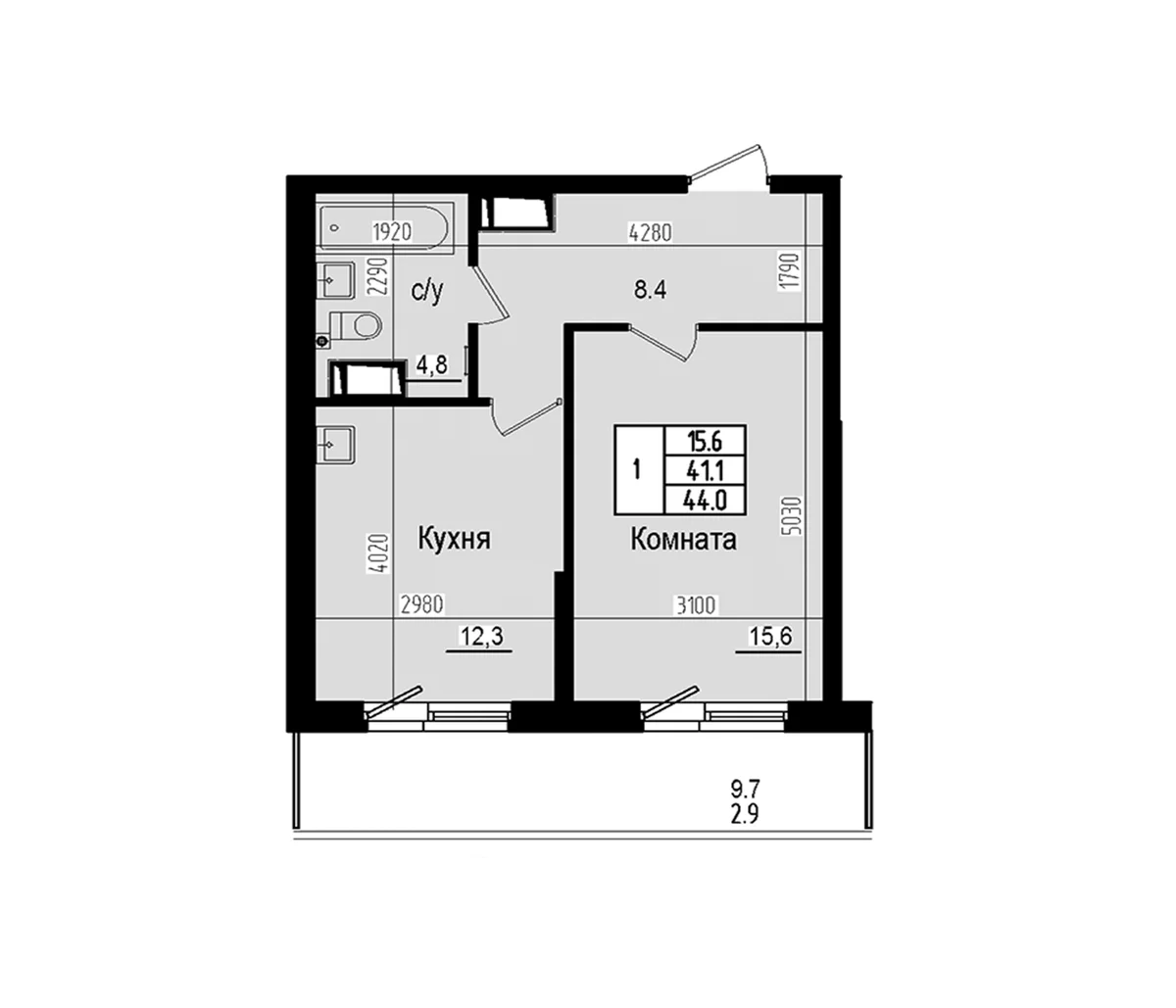 Планировка: 1-комнатная квартира 41,1 м² в ЖК «Прагма Сити»