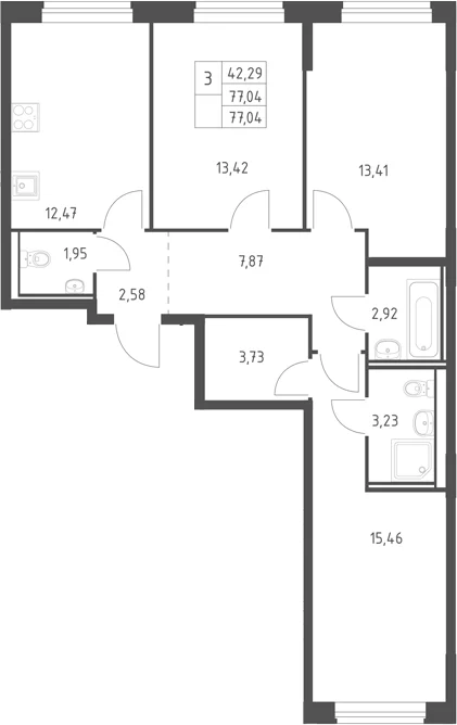 Планировка: 3-комнатная квартира 77 м² в ЖК «Горки Парк»