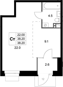 Планировка: Студия 38,2 м² в ЖК «Кореневский Форт 2.3»