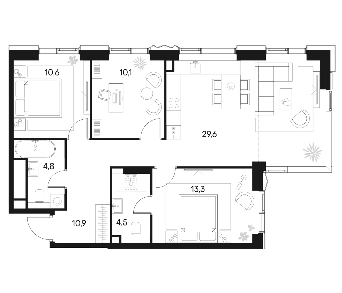 Планировка: Квартира евро-4 84,1 м² в ЖК «Клубный город на реке Примавера»