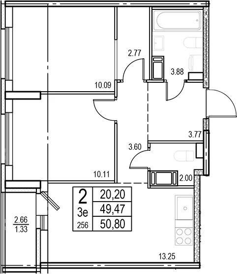 Планировка: Евротрёшка 49,5 м² в ЖК «ID Murino III»