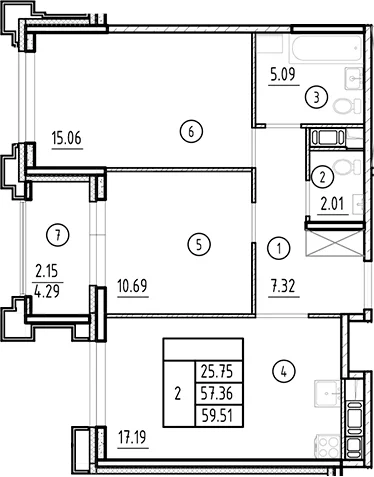 Планировка: Евротрёшка 57,4 м² в ЖК «Ассамблея»