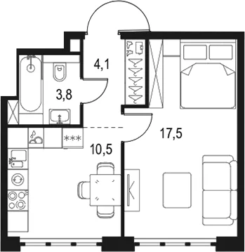 Планировка: 1-комнатная квартира 35,9 м² в ЖК «Левел Южнопортовая»
