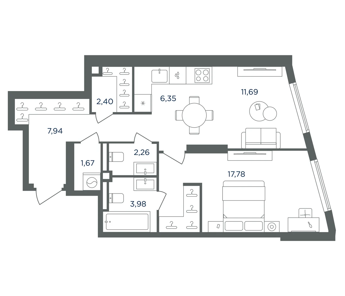 Планировка: Евродвушка 54,1 м² в ЖК «Сикрет Гарден»