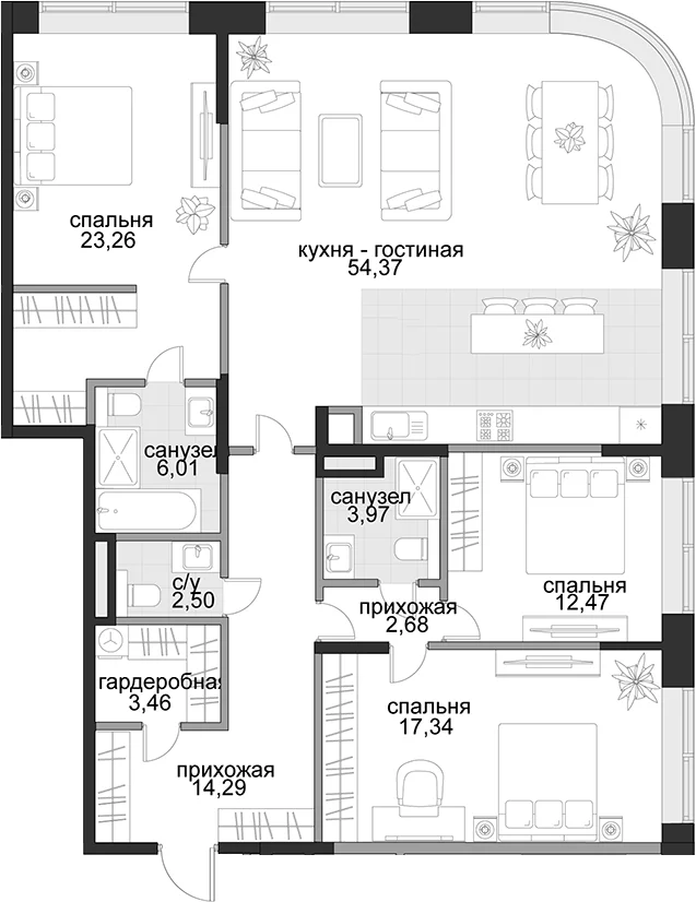 Планировка: Квартира евро-4 140,4 м² в ЖК «Садовническая, 69»
