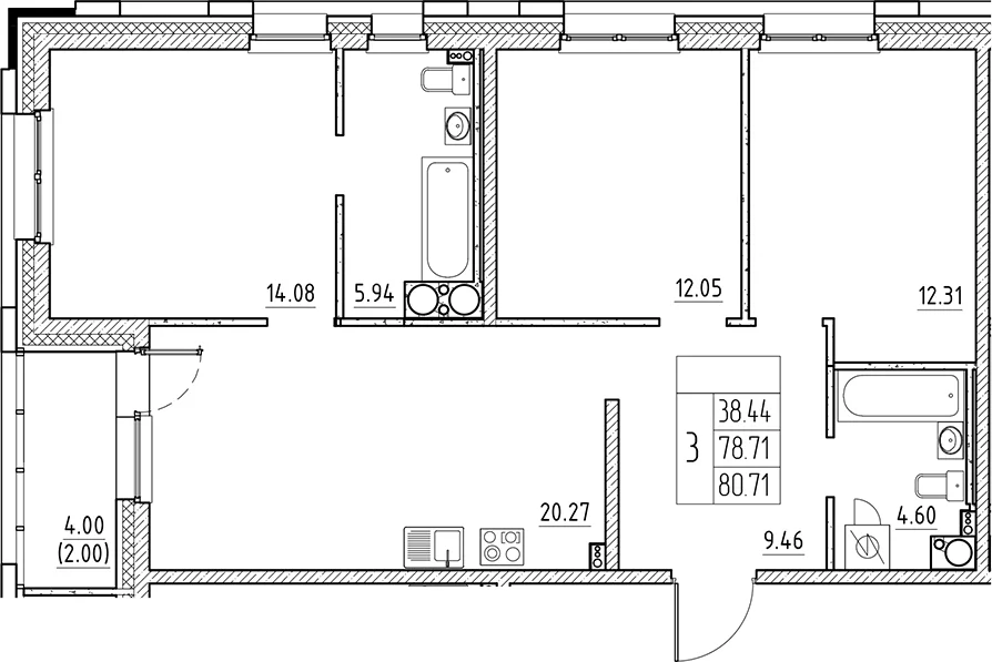 Планировка: Квартира евро-4 78,7 м² в ЖК «Сезоны»
