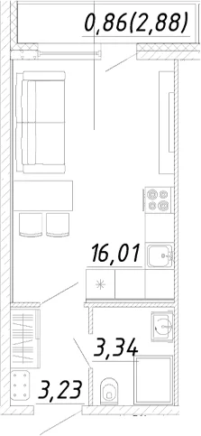 Планировка: Студия 22,6 м² в ЖК «Догма Юкки»