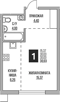 Планировка: Студия 30 м² в ЖК «Гранель Притяжение Сити»