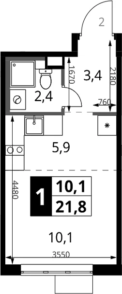 Планировка: Студия 21,8 м² в ЖК «1-й Химкинский»