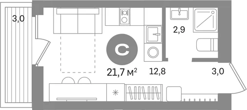 Планировка: Студия 18,7 м² в ЖК «Первый квартал. Вторая очередь»