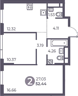 Планировка: 2-комнатная квартира 52,4 м² в ЖК «Нижегородская от Гранель»