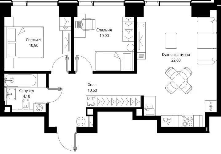 Планировка: Евротрёшка 58,1 м² в ЖК «СИТИДЗЕН»