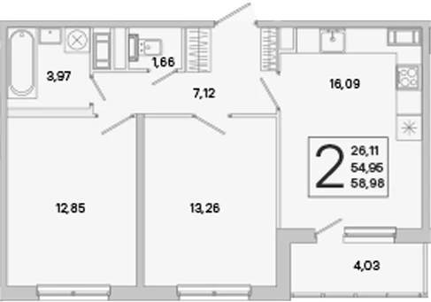 Планировка: Евротрёшка 55 м² в ЖК «ЮгТаун. Олимпийские кварталы»