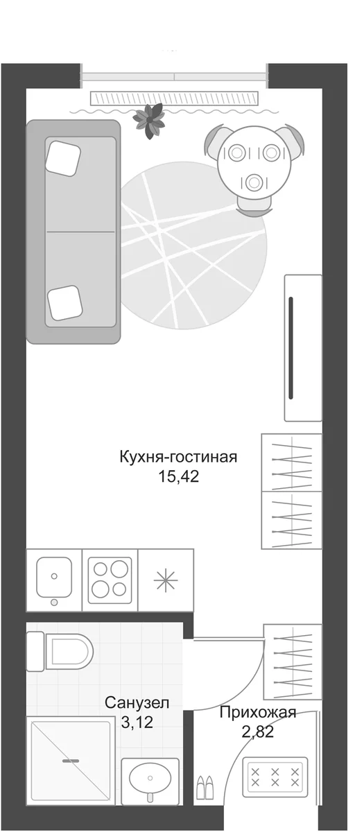 Планировка: Студия 21,4 м² в ЖК «Апарт-комплекс Первый Зеленый»