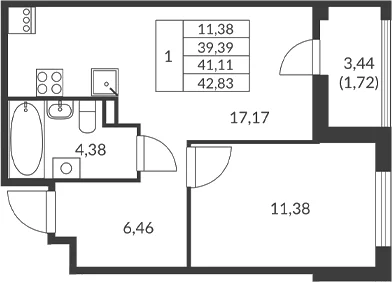 Планировка: 1-комнатная квартира 39,4 м² в ЖК «Амурино»