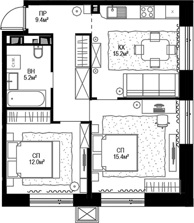 Планировка: Евротрёшка 57,5 м² в ЖК «Дом МАЛЕВИЧ»