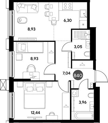 Планировка: Евротрёшка 50,7 м² в ЖК «ЭВО»
