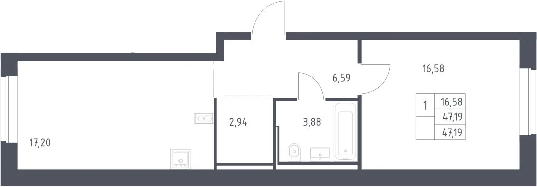 Планировка: Евродвушка 47,2 м² в ЖК «Литературный Квартал»