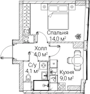 Планировка: 1-комнатная квартира 31,1 м² в ЖК «СЕЗАР БУДУЩЕЕ»