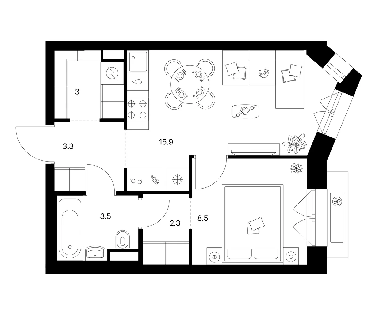Планировка: 1-комнатная квартира 36,5 м² в ЖК «Мичуринский парк»