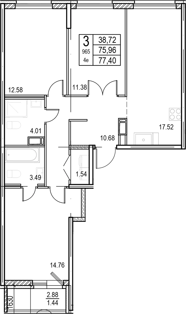 Планировка: Квартира евро-4 76 м² в ЖК «ID Murino III»