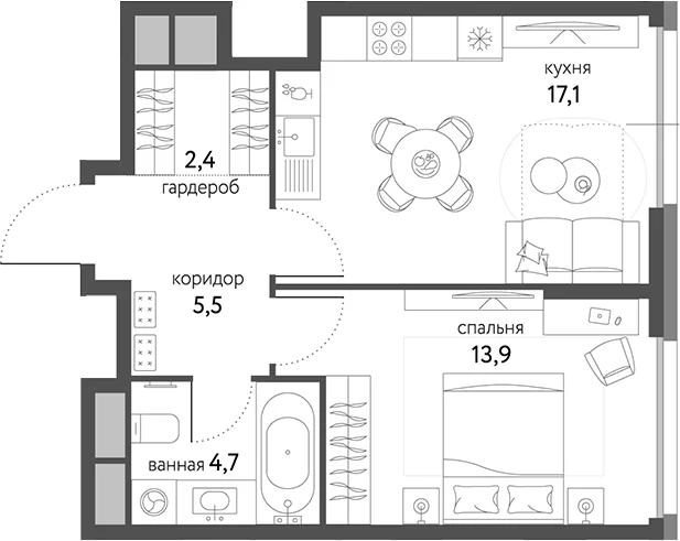 Планировка: 1-комнатная квартира 43,6 м² в ЖК «Сиреневый парк»