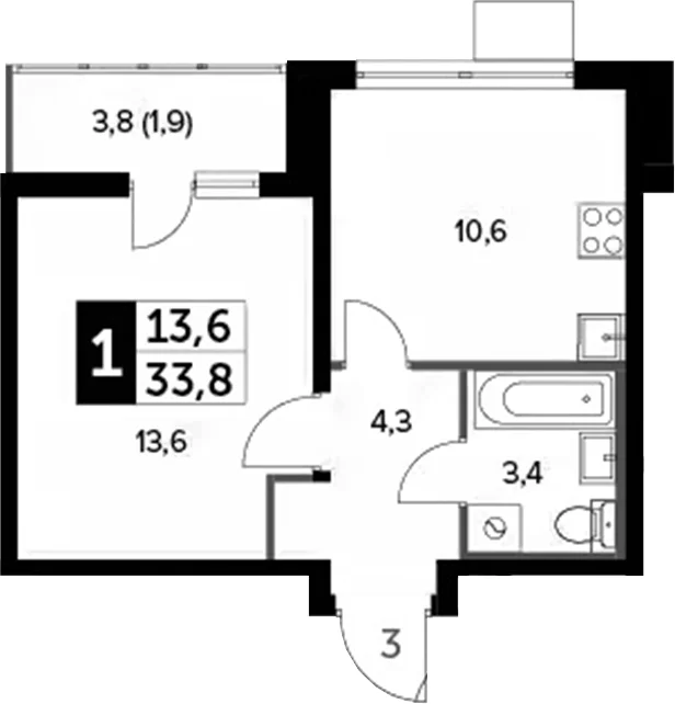 Планировка: 1-комнатная квартира 31,9 м² в ЖК «Южная Битца»