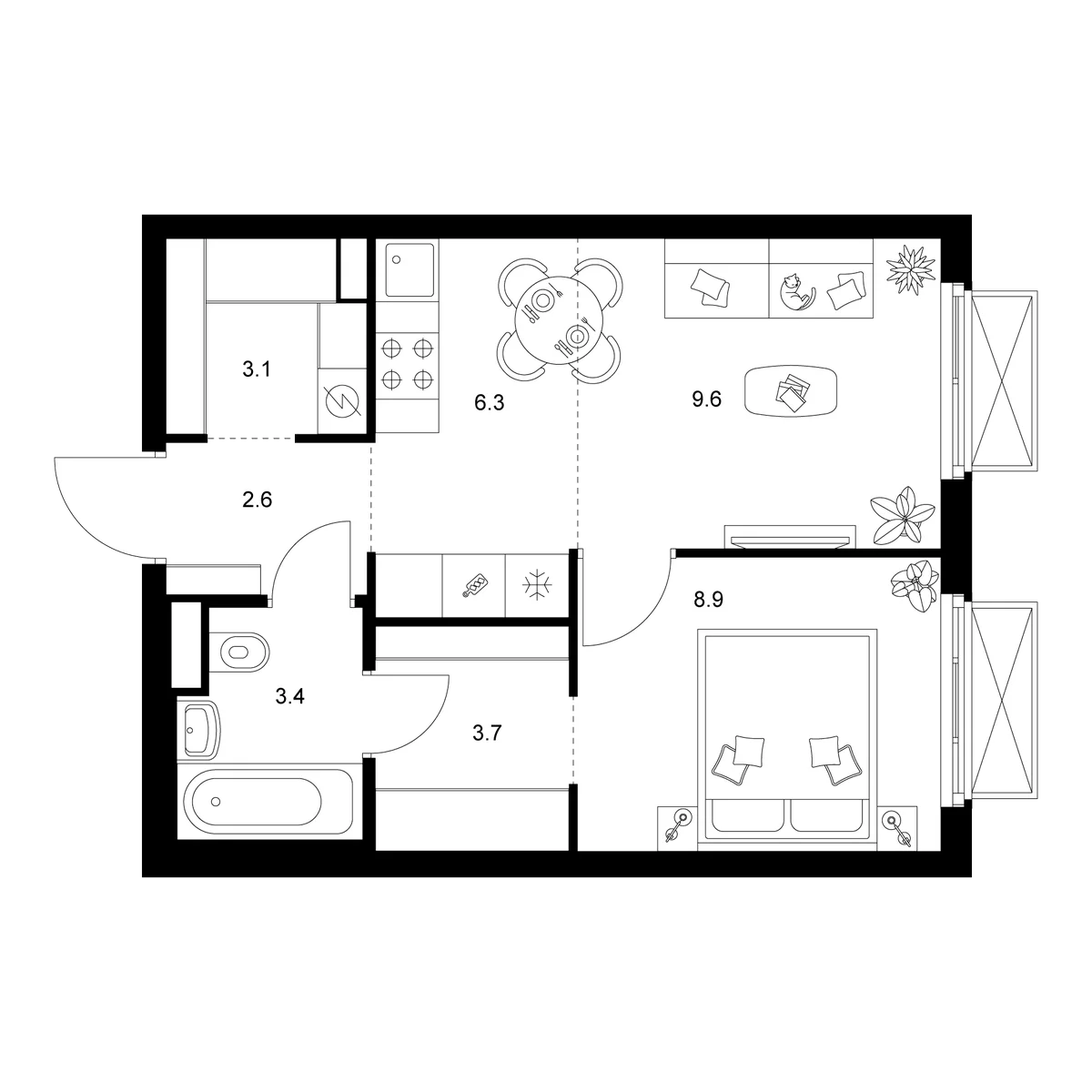 Планировка: 1-комнатная квартира 37,6 м² в ЖК «2-й Иртышский»