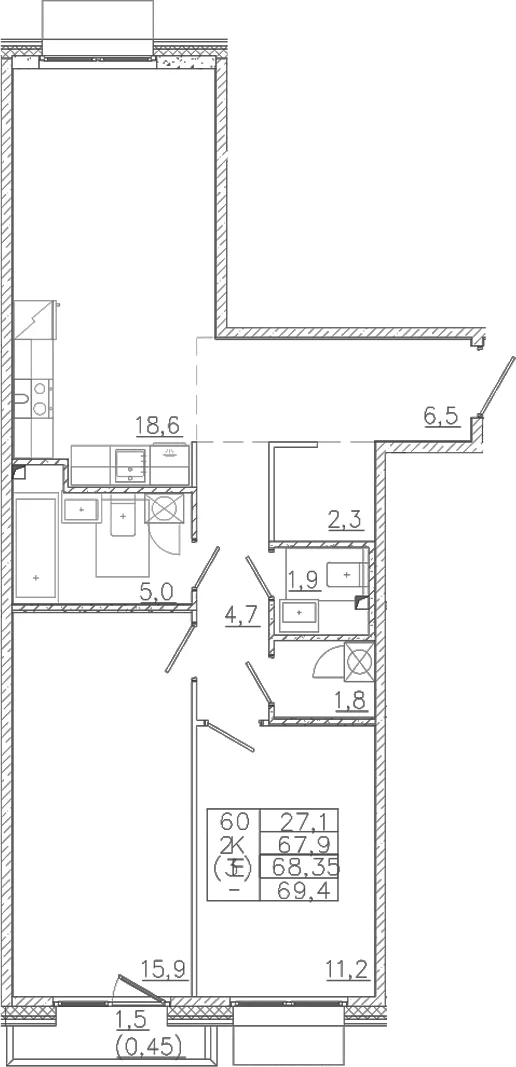 Планировка: Евротрёшка 67,9 м² в ЖК «Лисино»