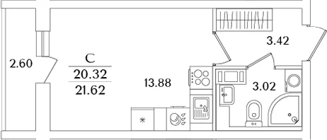 Планировка: Студия 20,3 м² в ЖК «Кинопарк»