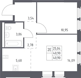 Планировка: Евродвушка 40,9 м² в ЖК «Космический Квартал»