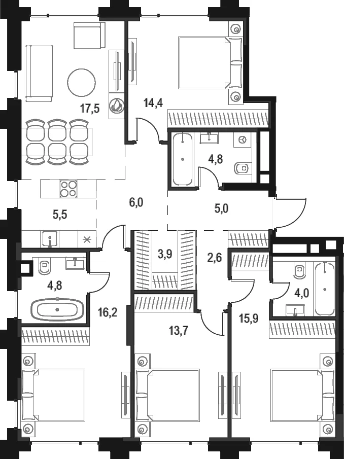 Планировка: Квартира евро-5 114,3 м² в ЖК «Левел Бауманская»