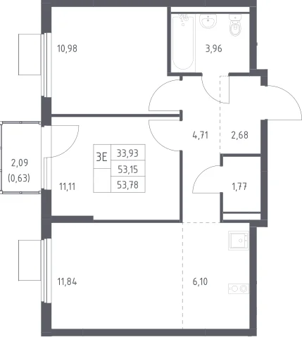 Планировка: Евротрёшка 53,2 м² в ЖК «Горки Парк»