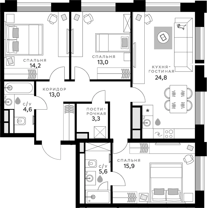 Планировка: 3-комнатная квартира 94,4 м² в ЖК «СберСити»