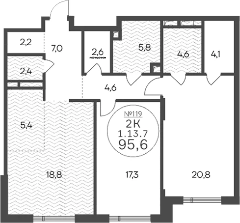 Планировка: Евротрёшка 95,6 м² в ЖК «Клубный квартал КРЫЛАТСКАЯ 33»