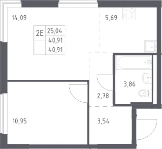 Планировка: Евродвушка 40,9 м² в ЖК «Мытищи Парк»