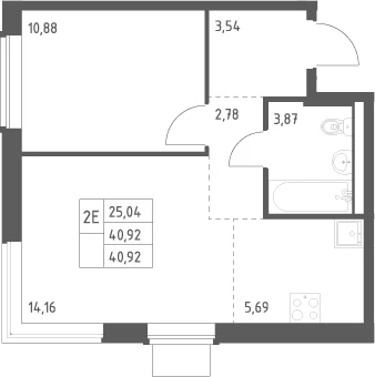 Планировка: Евродвушка 40,9 м² в ЖК «Квартал Западный»