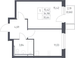 Планировка: 1-комнатная квартира 35 м² в ЖК «Новое Видное»