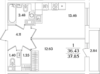 Планировка: Евродвушка 36,4 м² в ЖК «Кинопарк»