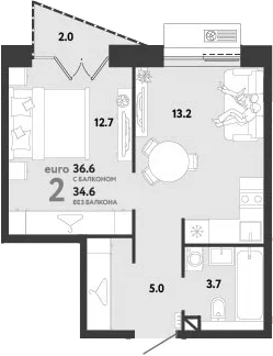 Планировка: Евродвушка 34,6 м² в ЖК «Страна.Заречная»