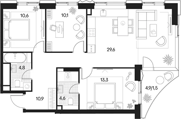 Планировка: Квартира евро-4 83,9 м² в ЖК «Клубный город на реке Примавера»