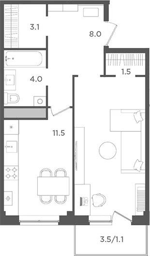 Планировка: 1-комнатная квартира 44,6 м² в ЖК «Новокасимово»