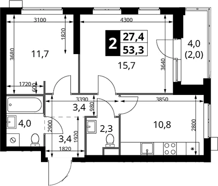 Планировка: 2-комнатная квартира 51,3 м² в ЖК «1-й Измайловский»