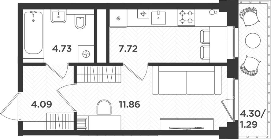 Планировка: 1-комнатная квартира 28,4 м² в ЖК «Новокасимово»