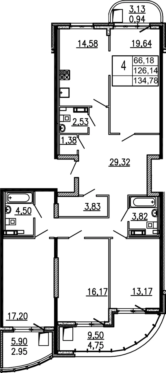 Планировка: 4-комнатная квартира 126,1 м² в ЖК «Дом-Мегалит в Королеве»