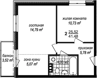 Планировка: Евродвушка 40,4 м² в ЖК «Avenue-Apart Прибрежный»