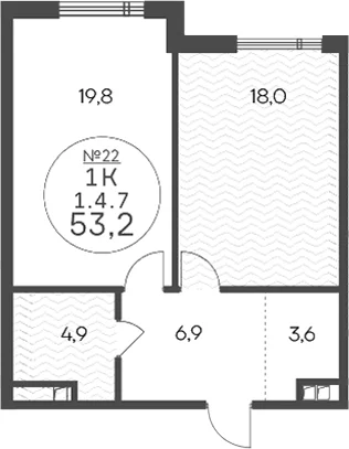 Планировка: 1-комнатная квартира 53,2 м² в ЖК «Клубный квартал КРЫЛАТСКАЯ 33»