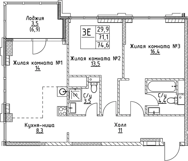 Планировка: Евротрёшка 71,1 м² в ЖК «ВЭРИ на Миклухо-Маклая»