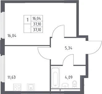 Планировка: 1-комнатная квартира 37,1 м² в ЖК «Космический Квартал»